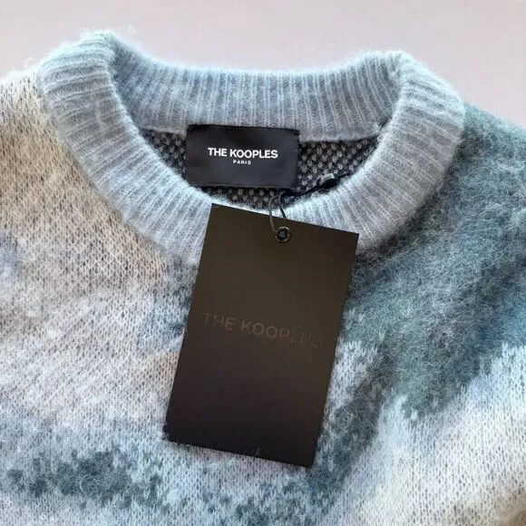 NEW The Kooples Abstract Colorblock Knit Alpaca Crewneck Wool Sweater in Blue XS